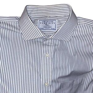 Charles Tyrwhitt French Cuff Dress Shirt Navy White Stripe 17x36 Long Sleeve